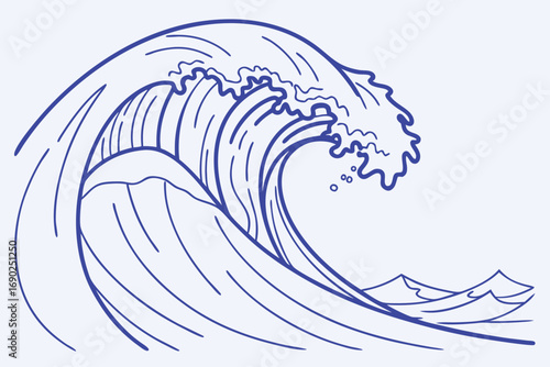 Vector art of detailed line drawing of a large ocean wave with smaller waves in the background, , showcasing the power and beauty of nature