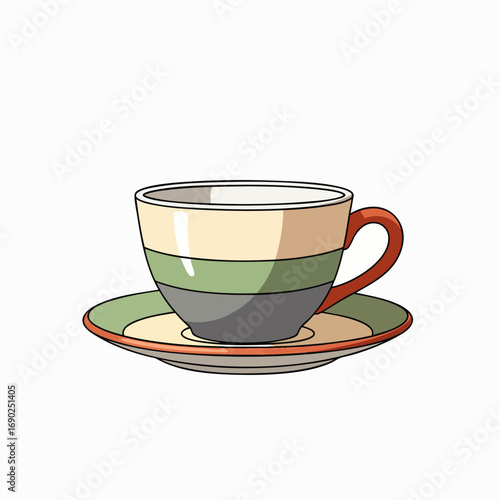 A colorful cartoon teacup and saucer with a striped design, perfect for morning beverages or a relaxing afternoon tea break.