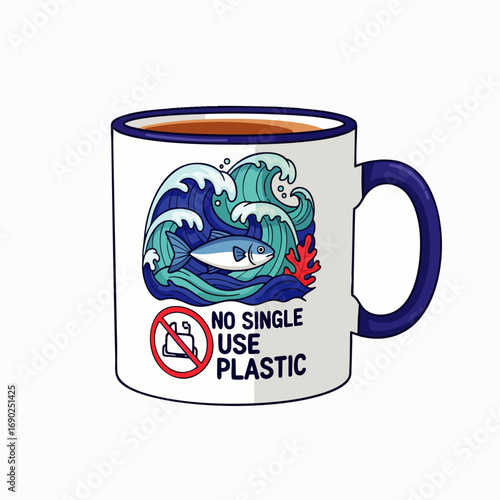 This white mug features a compelling illustration of ocean waves, a fish, and a clear 'No Single Use Plastic' message, advocating for a sustainable environment.
