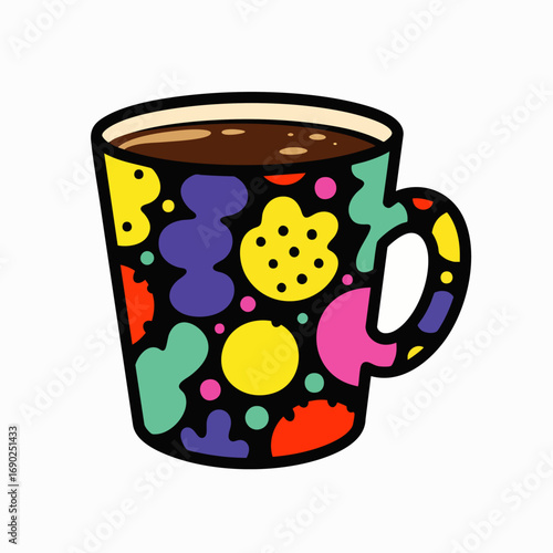 A cheerful coffee mug, adorned with a vibrant, abstract pattern of colorful shapes, holds a warm dark beverage, perfect for a cozy morning routine.