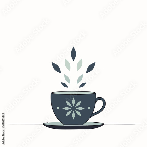 A serene vector illustration showcases a stylized teacup with a beautiful floral pattern, from which abstract leaves ascend, symbolizing a comforting herbal tea.