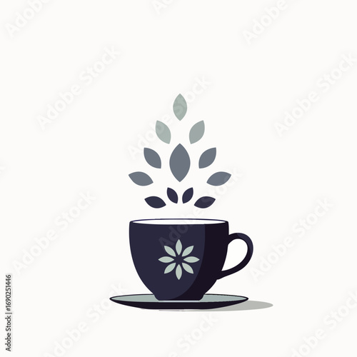 A vector illustration features a dark teacup with a subtle floral pattern, and abstract leaves rising, symbolizing a soothing natural herbal infusion.