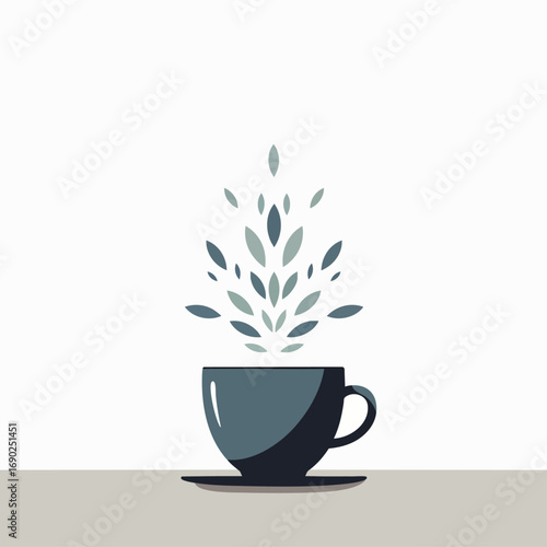 A serene minimalist illustration features a dark teacup with stylized blue-grey leaves gracefully rising, evoking a sense of calm and natural refreshment.