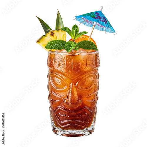 Photo of a tropical tiki cocktail in a carved glass, garnished with pineapple, orange, mint, and a colorful umbrella, isolated on transparent background