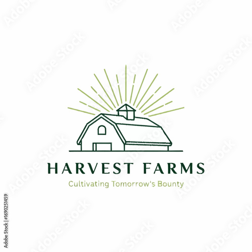 Simple line art logo for Harvest Farms, featuring a barn and sunburst design, conveying a sense of agricultural bounty and cultivation.