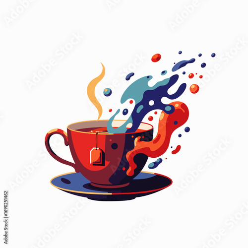 A vibrant red teacup overflows with energetic, colorful liquid splashes, creating a dynamic and abstract representation of a refreshing beverage.
