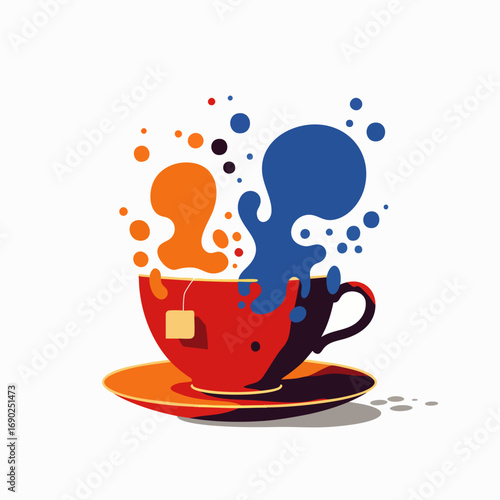 A vibrant red teacup on a matching saucer features an energetic explosion of orange and blue liquid splashes, creating a dynamic and abstract illustration.