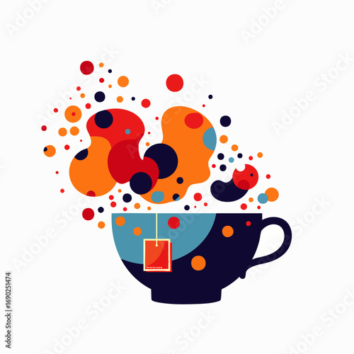 A captivating abstract illustration showcasing a stylish teacup with an explosive burst of colorful splashes, evoking a delightful and aromatic tea moment.