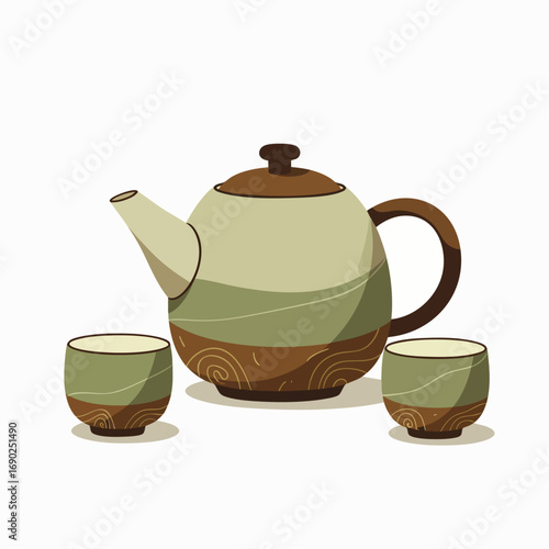 A beautifully illustrated ceramic teapot and two matching cups, featuring earthy green and brown tones with subtle decorative swirl patterns, perfect for a tranquil tea ceremony.