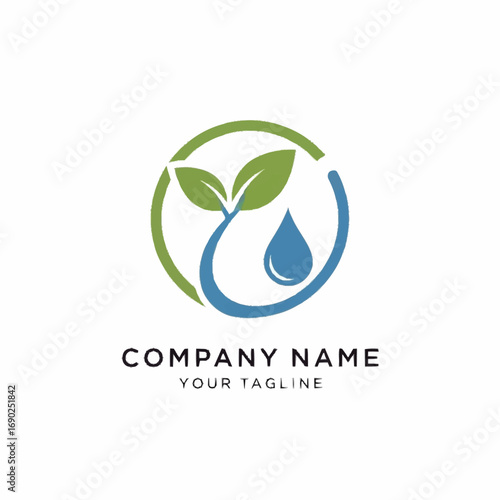 An eco-friendly logo design featuring a green plant sprout and a blue water droplet enclosed within a circular frame, symbolizing growth and sustainability.