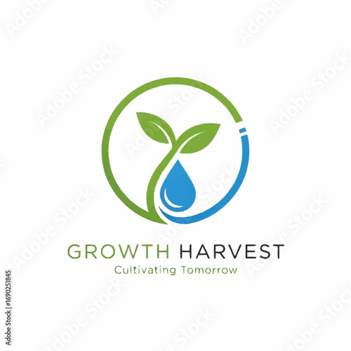 A circular logo featuring a green sprout with two leaves and a blue water droplet, symbolizing growth and cultivation.