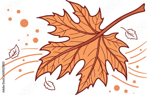 Vector art of a whimsical illustration of a vibrant orange maple leaf caught in a gentle autumn breeze, with smaller leaves and swirling lines suggesting movement