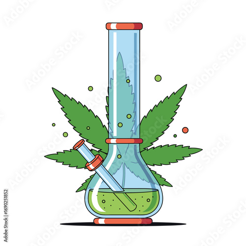 Vibrant glass water pipe and cannabis leaf symbolize relaxation and modern wellness culture