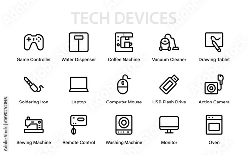 Professional Tech Devices Line Icon Collection Featuring Modern Vector Graphics of Digital Gadgets, Minimal Technology, and Essential Hardware Tools