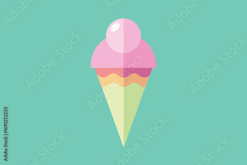 Vector art of a delightful ice cream cone with a pink scoop, a light yellow cone, and a smooth, round topping, all set against a calming turquoise background