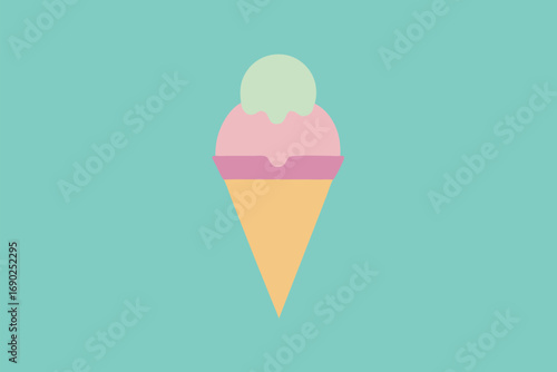 Vector art of simple and minimalist illustration of a twoscoop ice cream cone with pastel colors, set against a teal background, creating a modern and clean aesthetic