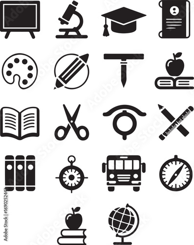 Education Icon Set 20 Black Vector Silhouettes of School Tools, Learning Symbols, and Academic Elements. Back to school icon set with different icons related to success, academic subjects