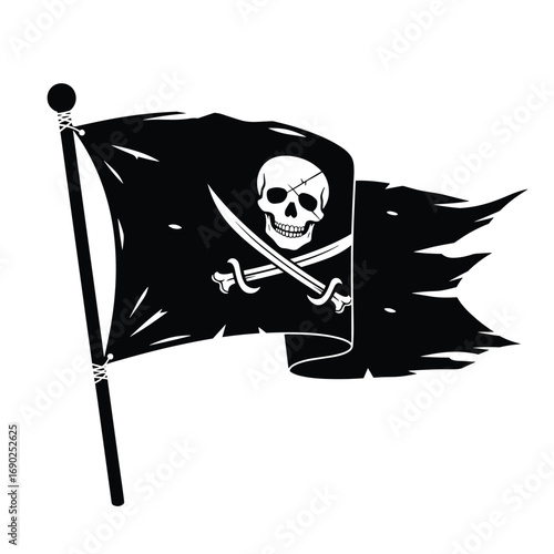 Iconic pirate flag with skull and crossbones billows menacingly on mast, symbolizing adventure and danger.