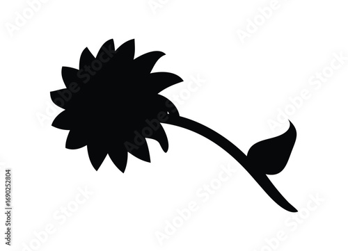 Silhouette of a single sunflower with leaf and stem detailed black outline artistic representation