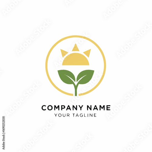 A minimalist logo featuring a growing plant with two leaves and a sun rising above it, enclosed in a circle.