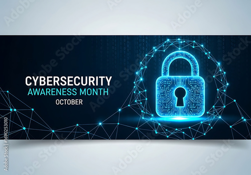 Cybersecurity awareness month october digital lock and network abstract background