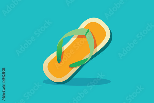Vector art of single orange flipflop with green straps isolated on a blue background, representing summer footwear, beach fashion, and casual style for warm weather