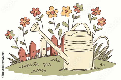 Vector art of charming illustration of a watering can surrounded by flowers and a picket fence, , creating a serene garden scene