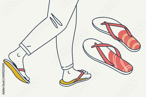 Vector art of person wearing flipflops with two other pairs nearby, showcasing casual summer footwear and a relaxed, beachy vibe