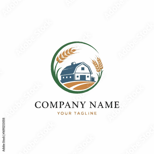 Farm logo design featuring a blue barn and golden wheat stalks enclosed in a green circular frame, with placeholder text for company name and tagline.