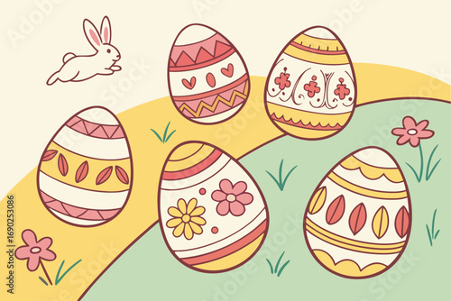 Vector art of a whimsical easter scene with decorated eggs scattered on a grassy hill, accompanied by a playful bunny and delicate flowers, evoking a sense of springtime joy