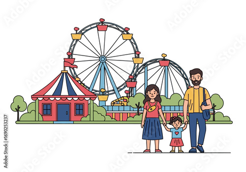 Family visits vibrant cartoon amusement park with ferris wheel. Suitable for advertising theme parks, family vacations, and entertainment destinations.