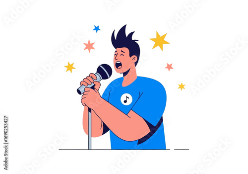 Enthusiastic person singing into microphone with colorful stars background. Suitable for music, performance, entertainment, and celebratory concepts.