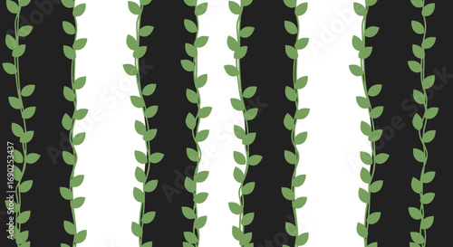 Elegant botanical pattern of green climbing ivy vines on a contrasting black and white striped background