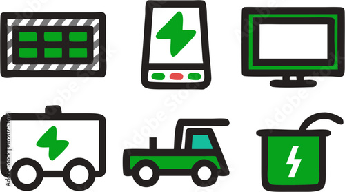 Set of green energy icons including solar panels electric vehicle charging station monitor device and battery storage unit