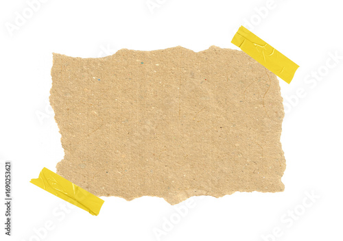 Brown torn paper note with adhesive tape isolated on a white background, Vintage grunge note paper pieces with ripped tape labels.