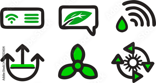 A collection of six distinct green technology icons including wifi connectivity an eco friendly speech bubble a water droplet with wifi signal a fan a directional arrow and a sun with arrows