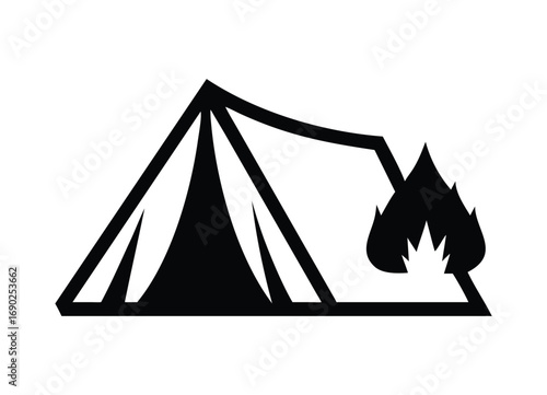 Camping tent icon with campfire silhouette for outdoor adventure and recreation