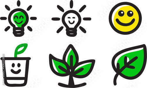 Cheerful lightbulb idea innovation growing plant sprout and happy smiling face symbol representing growth and positivity in nature