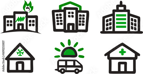 Medical clinic hospital building emergency service ambulance building icons building healthcare service medical facility urban infrastructure architecture design