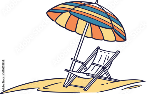 Illustration of a beach scene with a striped umbrella and a deck chair on the sand, , creating a relaxing vacation vibe