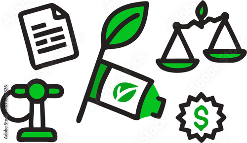Illustration of document renewable energy flag symbol scales of justice pump and dollar sign representing environmental sustainability and business