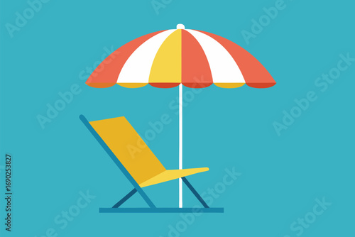 Vector art of minimalist illustration of a beach chair and umbrella against a blue background, conveying a sense of summer vacation and relaxation by the sea