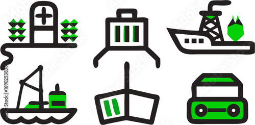 A collection of transportation and logistics icons including a ship, car, crane, and offshore drilling rig symbol