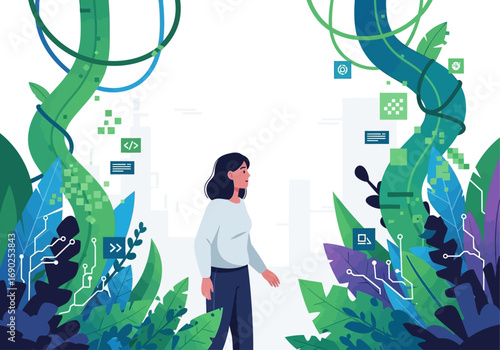 Woman surrounded by digital flora and vines creates a techy nature scene perfect for futuristic concepts and designs.  