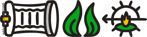 A stylized icon representing a scroll or blueprint a pair of green flames and a symbol of a seed or growth with an arrow indicating direction or expansion
