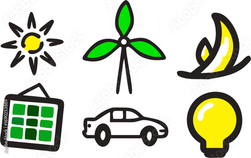 Icons representing renewable energy solar wind power and sustainable technology like electric vehicles and light bulbs for environmental awareness