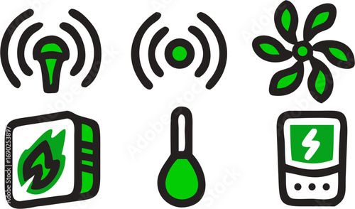 Technology symbols including wireless signals a fan power icon a thermometer a battery and a smart device