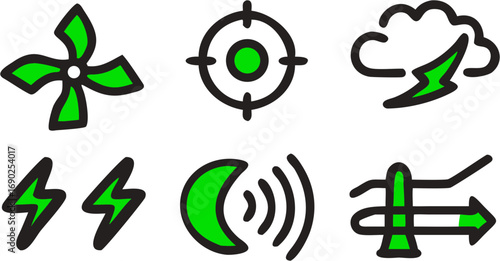 Set of modern green icons representing concepts like fan fan blade target crosshair storm lightning moon signal and arrow with progress bar