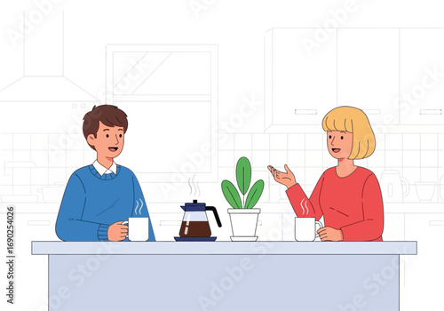 Man and woman enjoy coffee at a kitchen table. Suitable for coffee shop promotions, relationship articles, or lifestyle blogs.