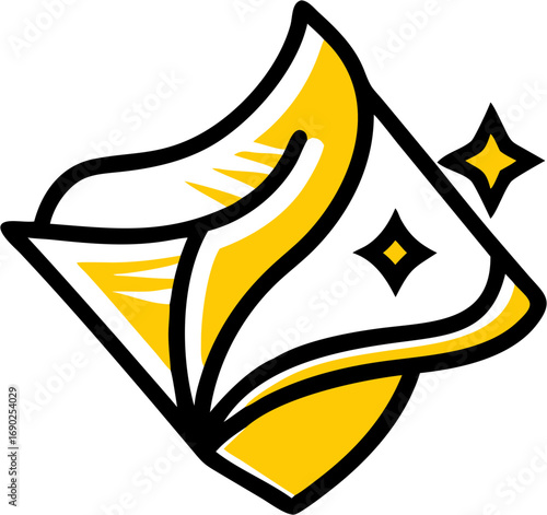 A stylized icon of a yellow and white folded sheet or cloth with sparkling stars representing cleanliness and freshness